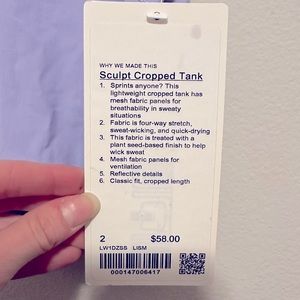 Lululemon Sculpt Cropped Tank Size 2 Lavender